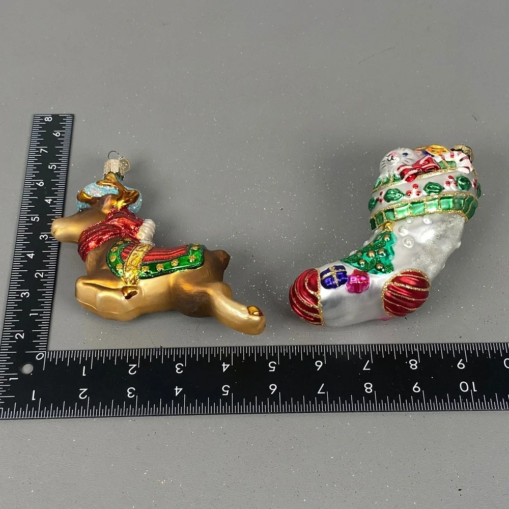 Old World Christmas Glass Holiday Ornaments Flying Reindeer & Cat In Stocking